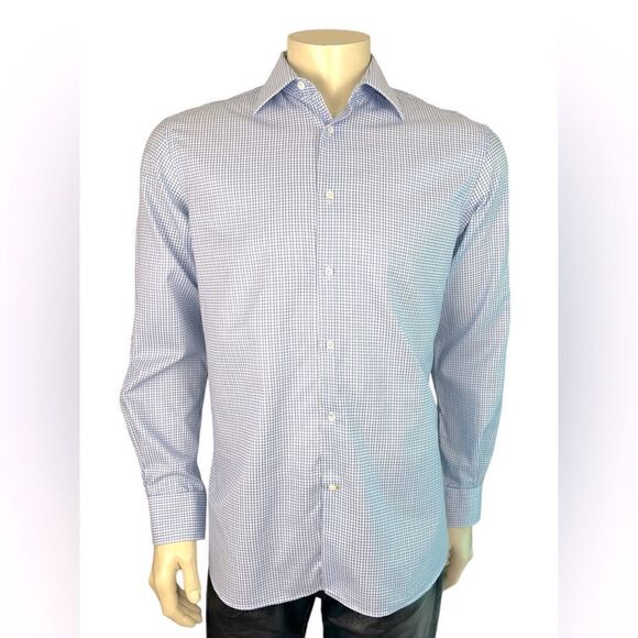 Ike Behar L/S Casual Dress Shirt Excellent Condition White W/Blue Grid Size 16 - Picture 7 of 8
